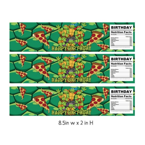 Turtles Birthday Water Bottle Labels, Pizza Theme Party Decorations, 8.5x2 in - Picture 3 of 4